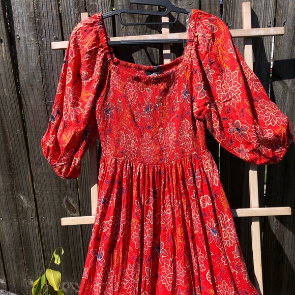 Angie Peasant Sleeve Red Print Maxi Dress M - Picture 7 of 12
